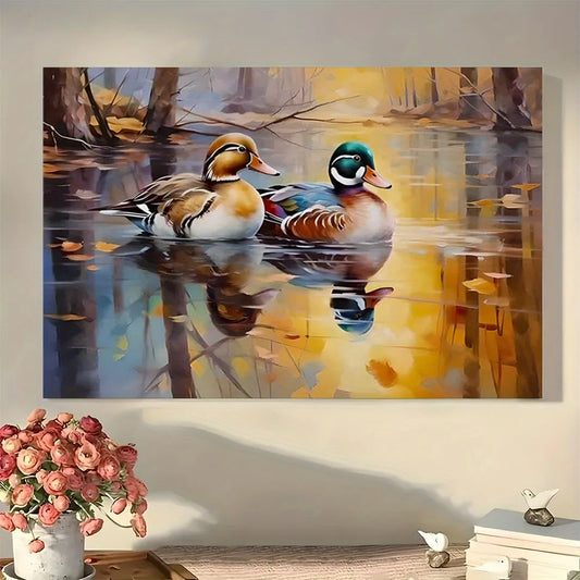 1.5 inch thick wood pine frame, interior art mural, home decor, Autumn-colored wood duck - Wild oil painting