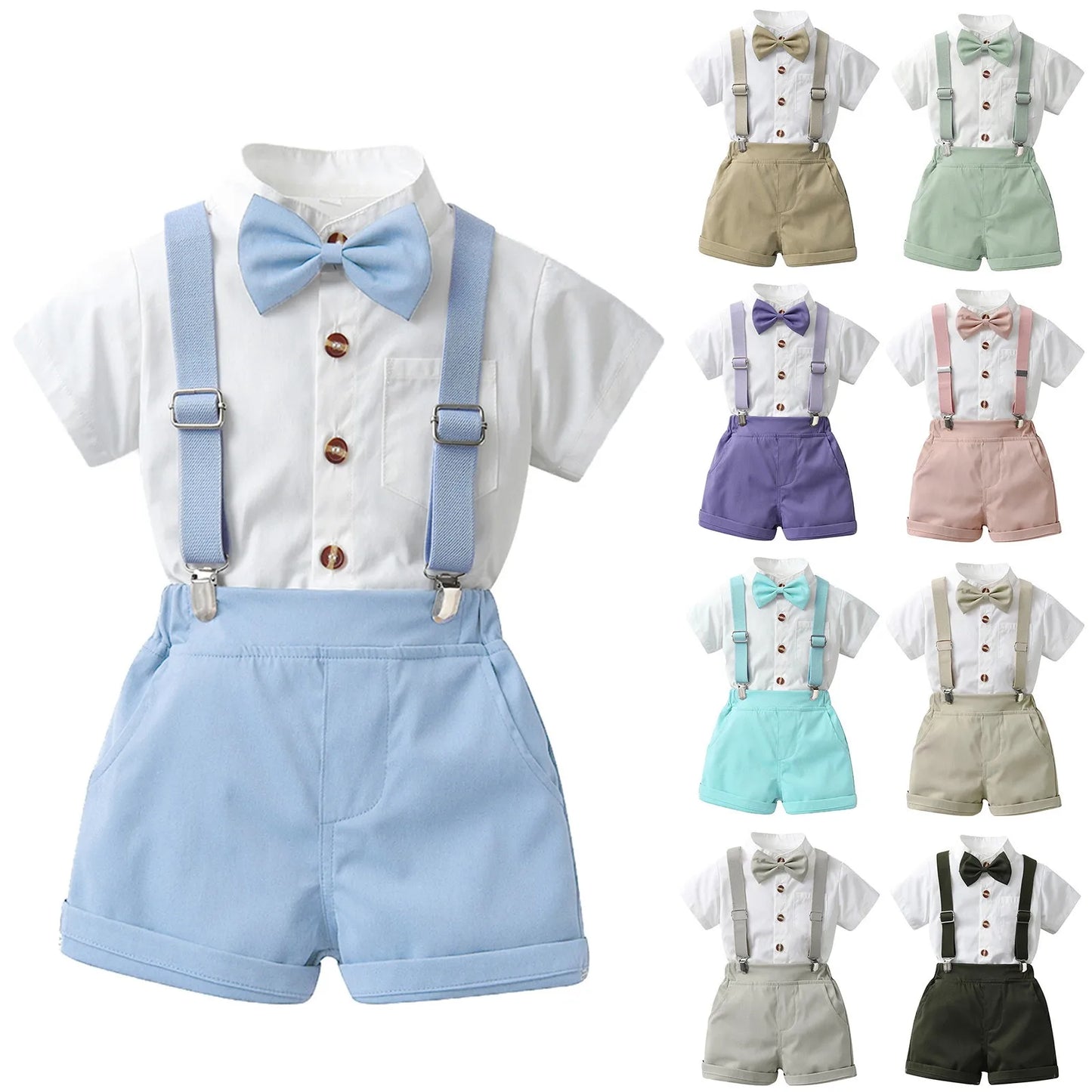 Toddler Boys Short Sleeve Shirt Tops Shorts Sets Tie Child Kids Gentleman Outfits Strap Jumpsuits Outfits Tracksuits 아동 상하복 세트