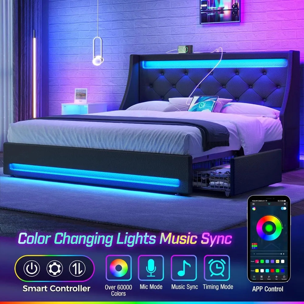 Luxury LED-lit Queen Size Bed Frame with Charging Station, PU Leather Bed Base and Storage Drawers, Wooden Slats Support, Quiet