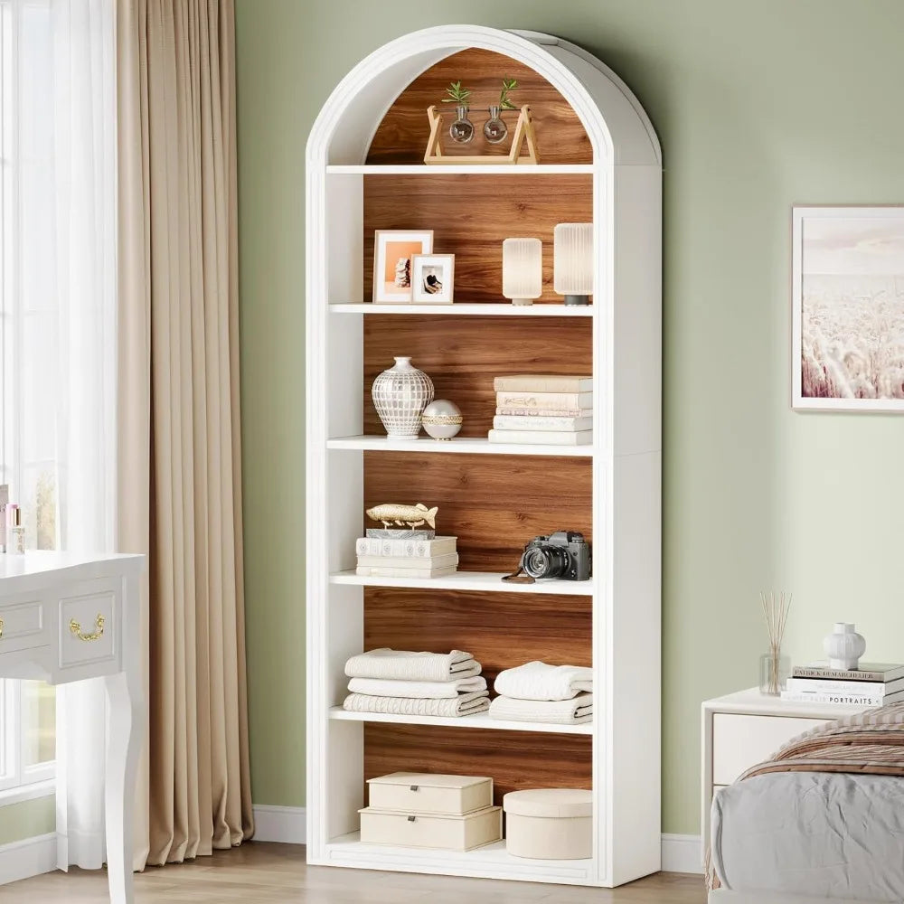 Tribesigns 6-Tier White Arched Bookshelf, 77.16 Tall Arched Bookcase with Storage Shelves, Floor Standing Open Display Shelving