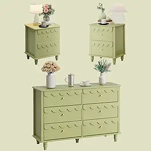 Bedroom Set 2 PCS 6 Drawer Dresser and Night Stand Sets for Bedroom, Two Drawers Nightstand & Scalloped 6 Drawer Dresser Combo