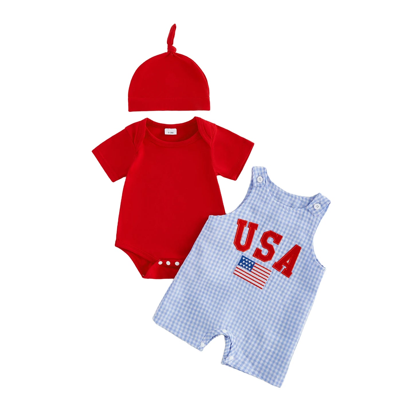 Toddler Boys 4th of July Clothing Set Short Sleeve Romper Plaid Overalls Hat Independence Day Outfit 3 Piece Suit