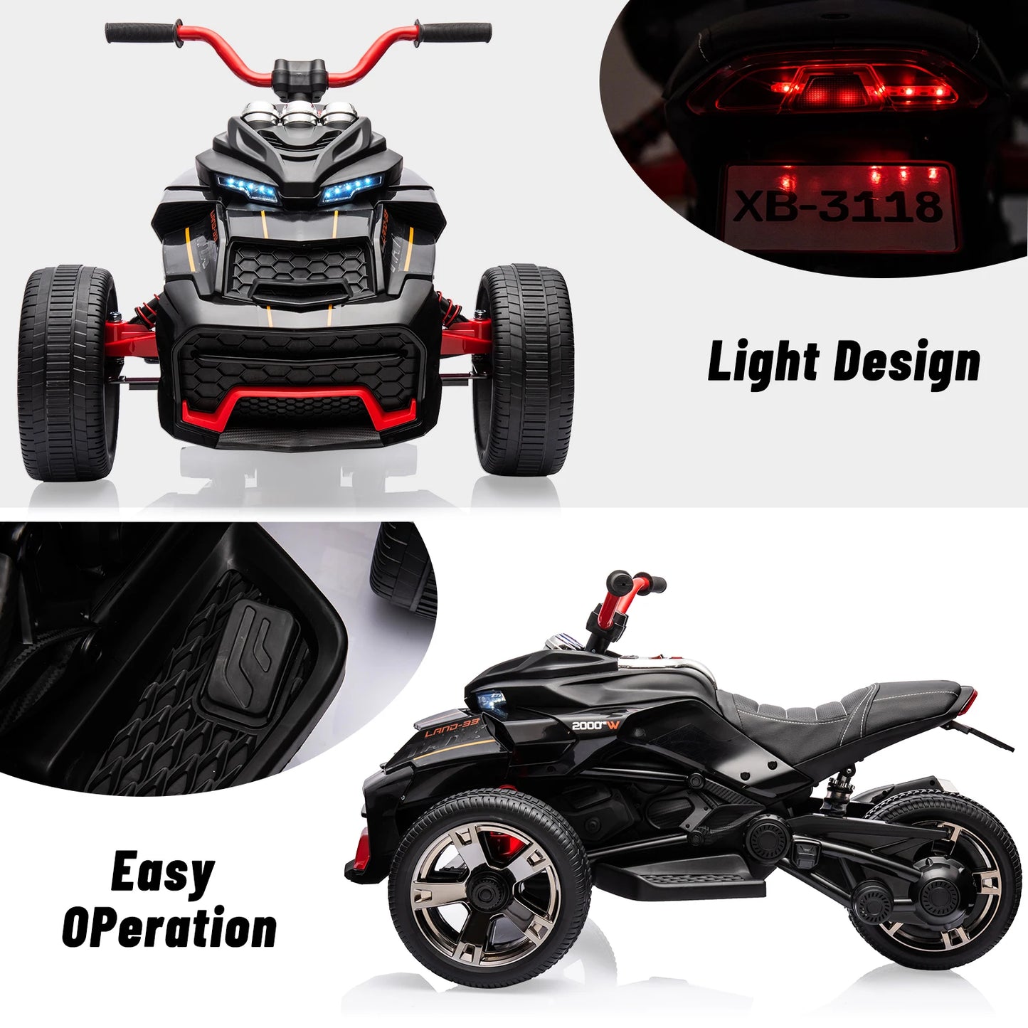 12V Kids Ride-on ATV Motorcycle, 3-Wheeler Electric Toy Car with LED Lights, Music, Horn, USB & Treaded Tires Battery-Powered