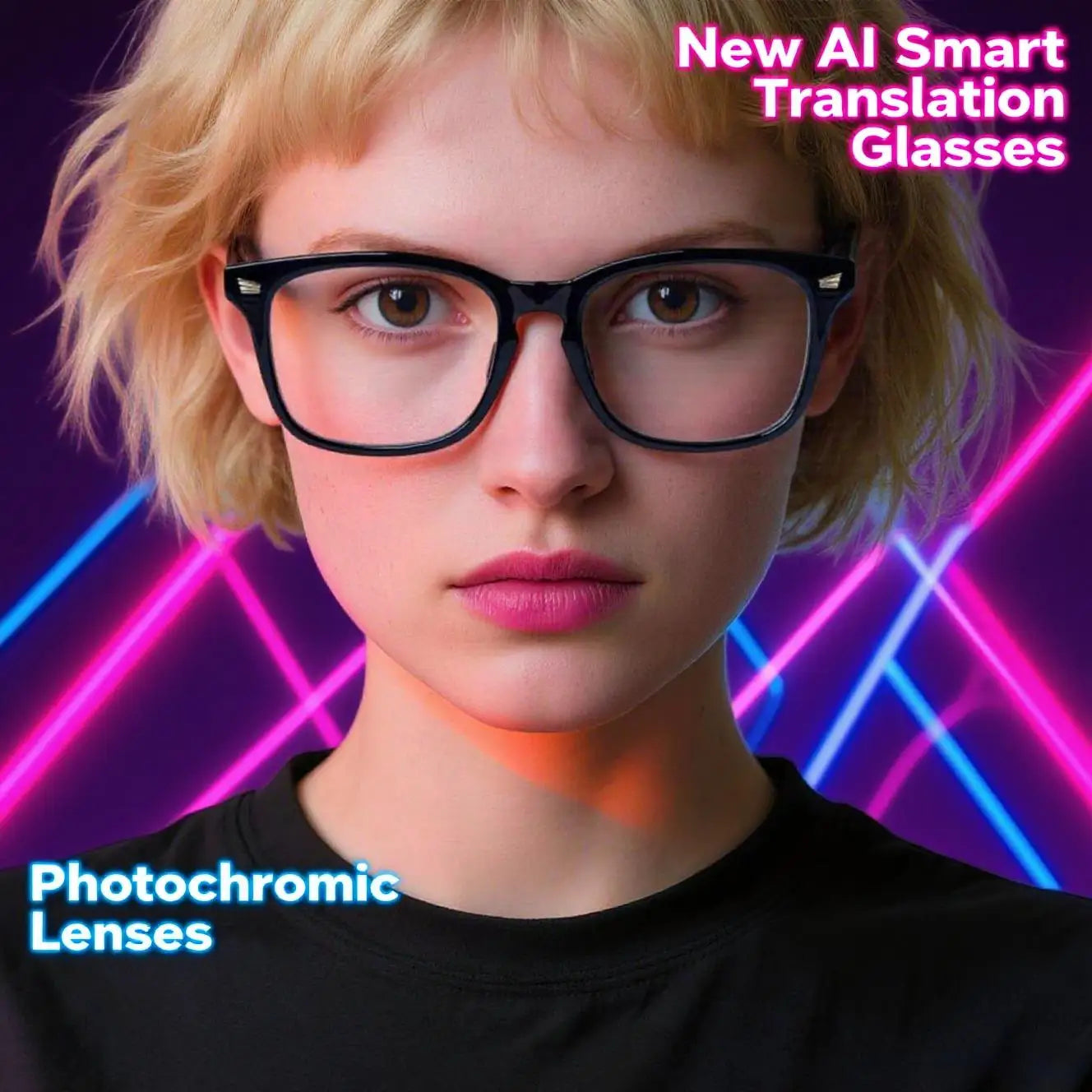 Smart glasses, app translation, color-changing lenses, high-definition voice calls, Hi-Fi music quality, open-ear audio glasses.