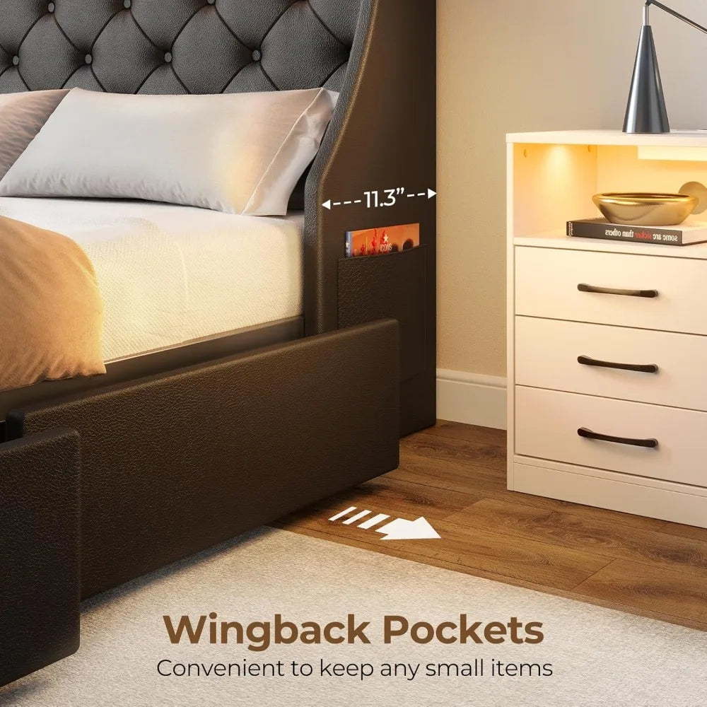 Luxury LED-lit Queen Size Bed Frame with Charging Station, PU Leather Bed Base and Storage Drawers, Wooden Slats Support, Quiet