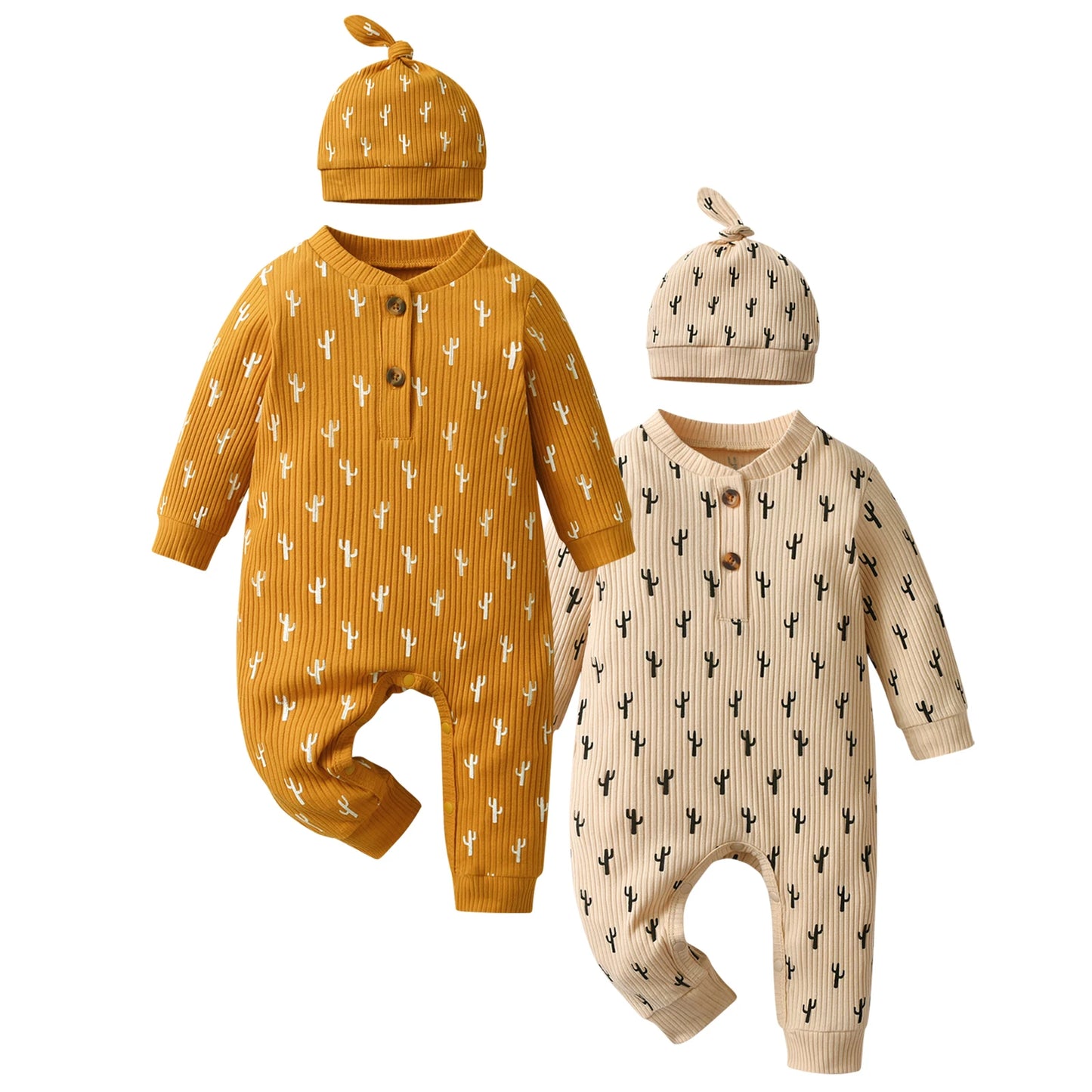 2 Pack Newborn Baby Boy Romper Long Sleeve Ribbed Cactus Printed Jumpsuit With Hat
