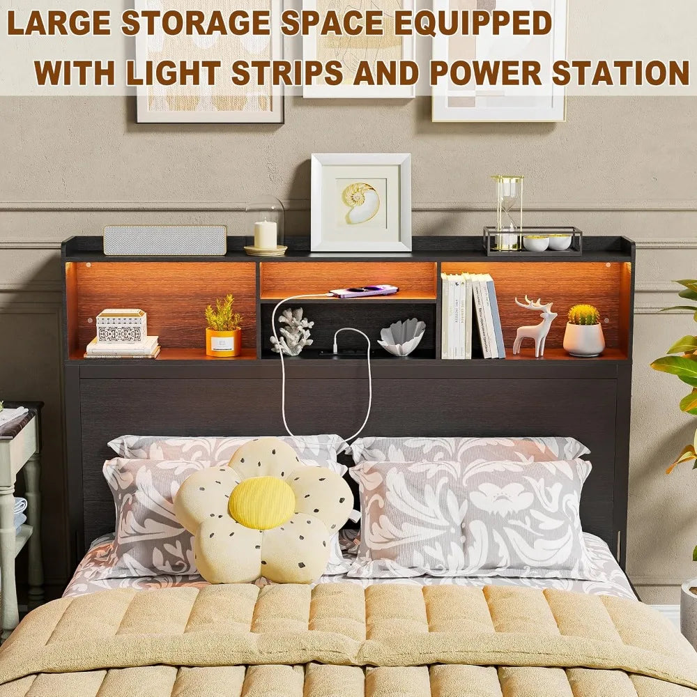 PAKASEPT Queen Headboard with Storage, Modern Bookcase Headboard with Adjustable LED Lights & Charging Station for Bedroom, Fash