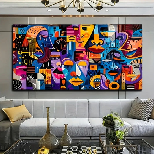 With stylized faces and geometric shapes, 1.5 inch thick pine frame, modern vintage art, suitable for interior decoration