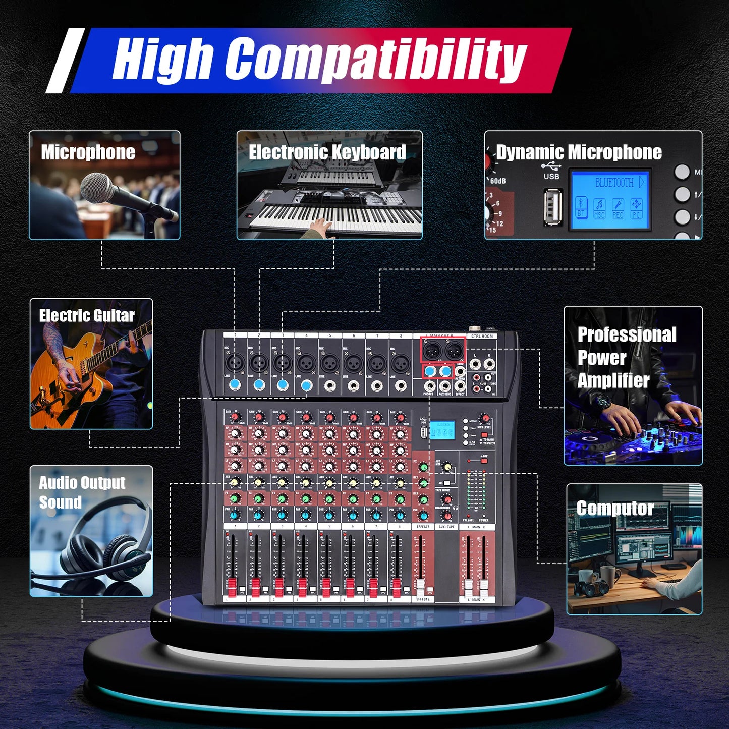 7/8-Channel Professioneller Mixer, Soundboard Konsole with Bluetooth USB PC Recording Input XLR Microphone Jack