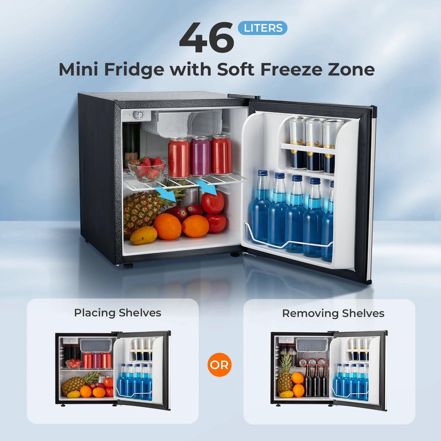 Mini Fridge 1.6 Cu.ft, Compact Small Drinks Refrigerator, Energy Saving, Adjustable Thermostat Dorm, Apartment, Bedroom, Black