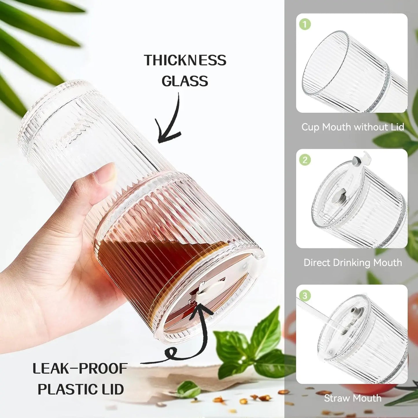 8Pcs 20oz Ribbed Glass Cups With Lids & Glass Straws, Thickened Vintage Tumblers For Coffee, Cocktails And Juices