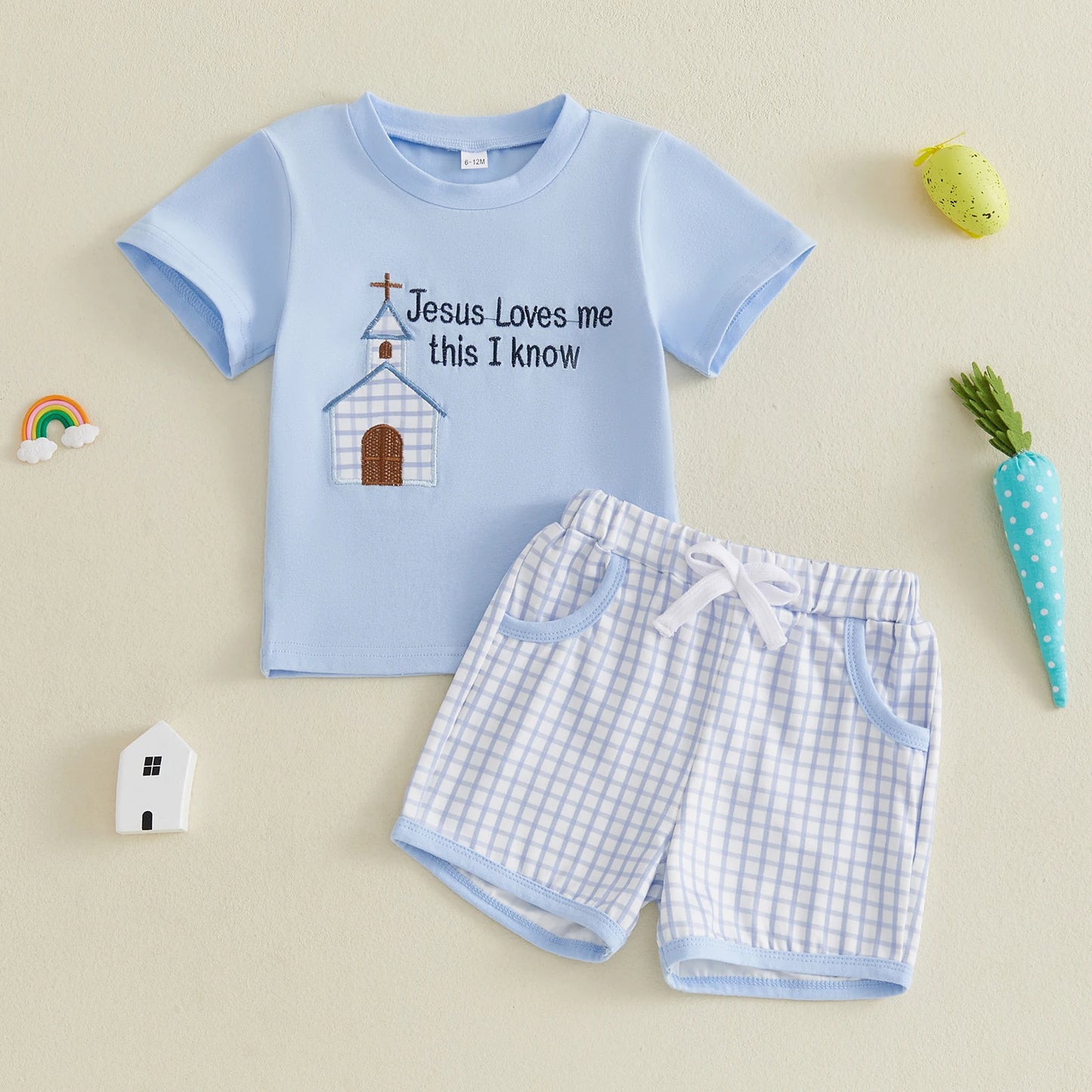 Kids Easter Outfit Set Short Sleeve O Neck Letter House Embroidery Tee Plaid Shorts Boys Summer Clothing Set