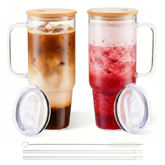 40 oz Glass Cups with Lids and Straws 2 Pack Large Glass Tumbler with Handle Borosilicate Ice Coffee Cups, with Bamboo Lid and