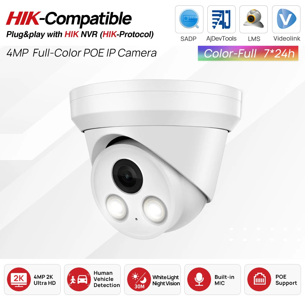 4MP ColorVu POE IP Camera IR Night Colorful 2K Build in MiC IP67 H.265 Human Vehice Security Detect CCTV Hikvision Compatible