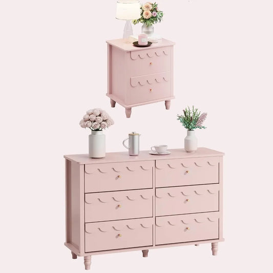 Bedroom Set 2 PCS 6 Drawer Dresser and Night Stand Sets for Bedroom, Two Drawers Nightstand & Scalloped 6 Drawer Dresser Combo