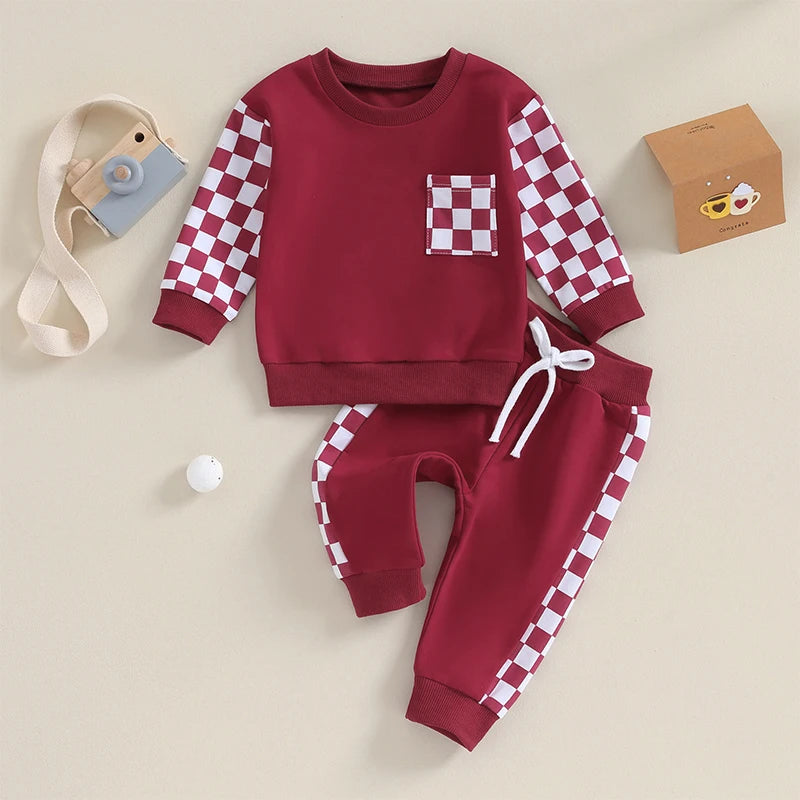 2023-08-17 Lioraitiin Baby Girl Clothes Outfits Long Sleeve Sweatsuit Checkboard Sweatshirt and Pants Toddler Infant Clothing