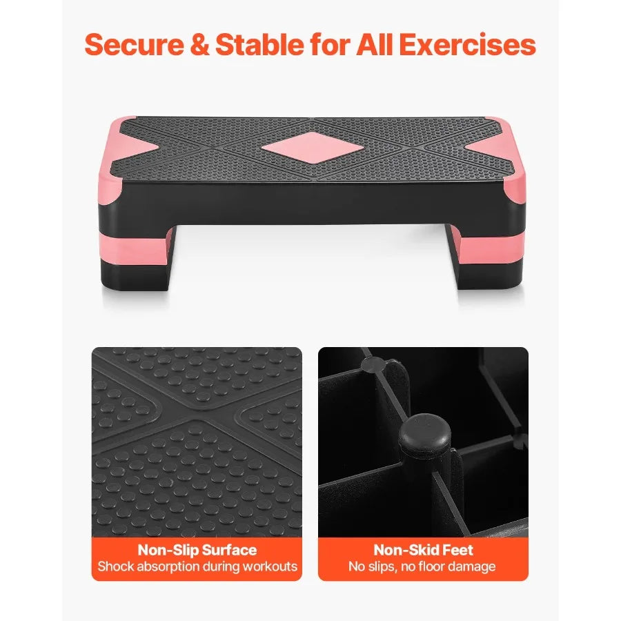 Aerobic Exercise Step Platform 28Inch Workout Stepper with Adjustable Height Fitness Training Deck with 4 Risers NonSlip Surfac