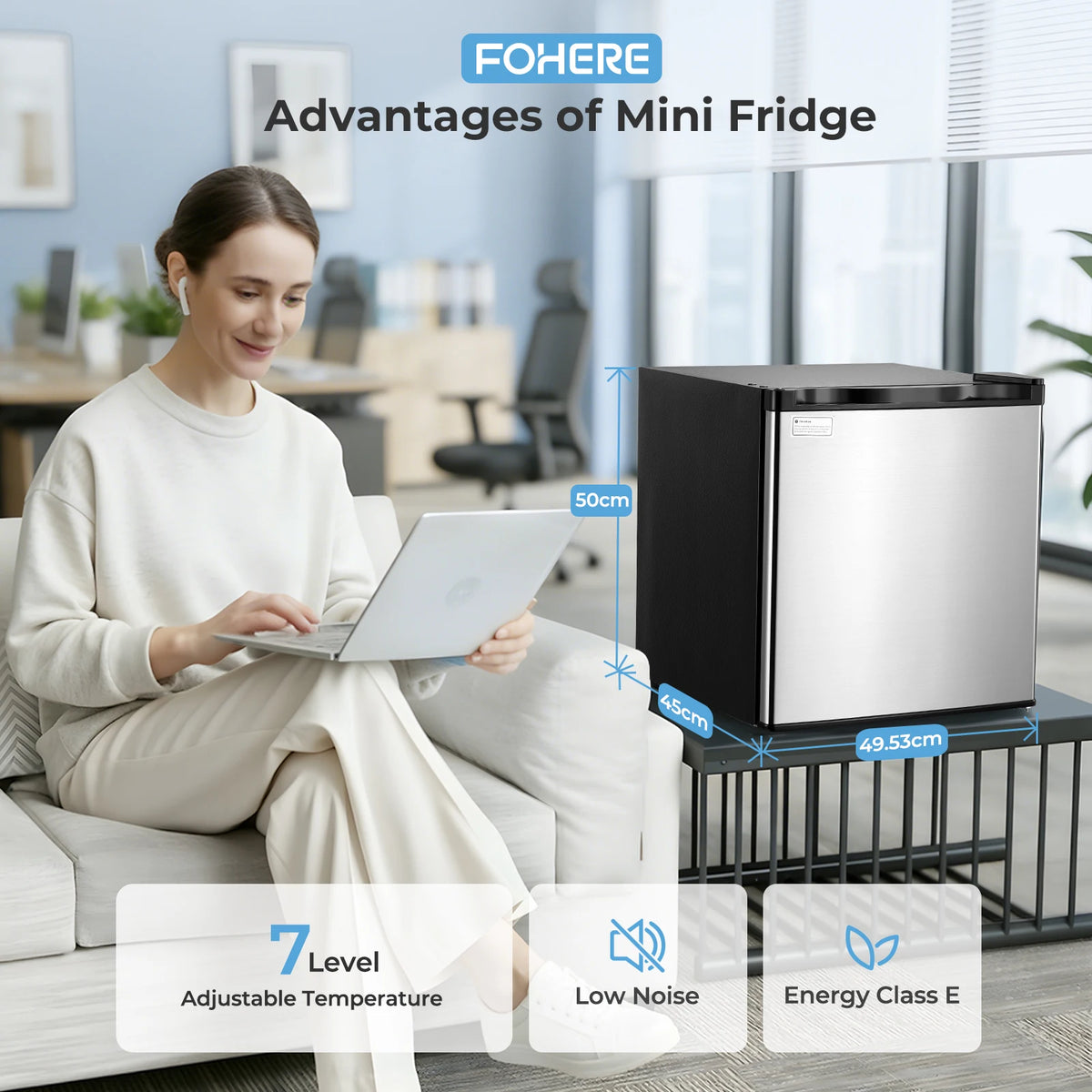 Mini Fridge 1.6 Cu.ft, Compact Small Drinks Refrigerator, Energy E, Adjustable Thermostat, Apartment, Bedroom, Stainless Steel