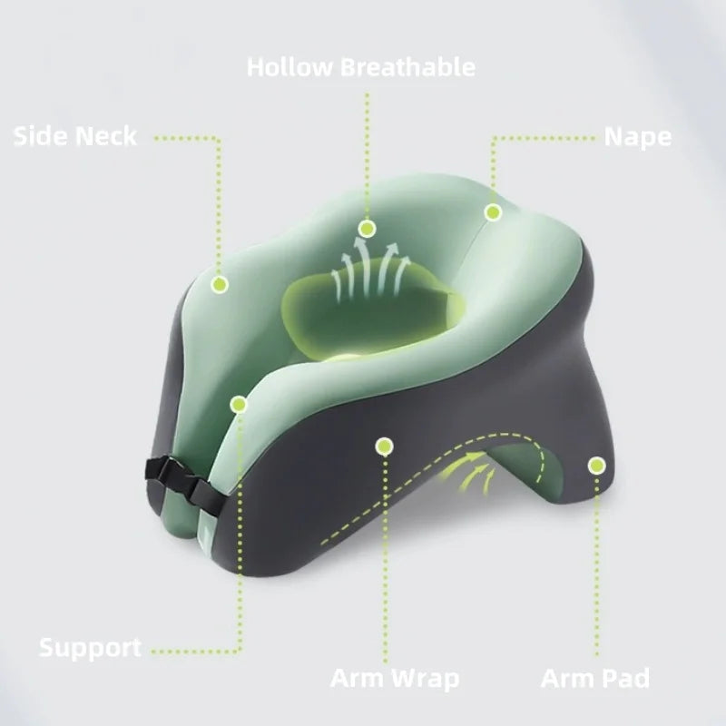 U-shaped portable travel pillow, memory foam sleep aid, used for napping in airplanes and cars, ergonomic head support pillow.