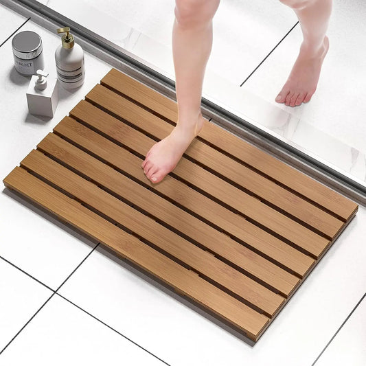Non-Slip Waterproof Wooden Bamboo Bath Shower Mat for Indoor Outdoor Use, Walnut Color, 31.3x18.1x1.5 Inches