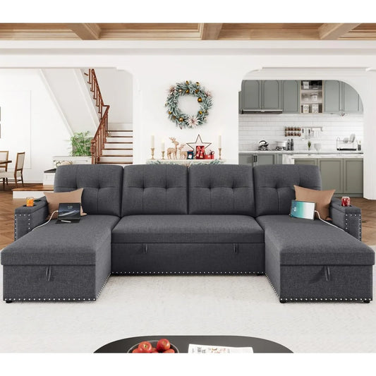 112" Sectional Pull Out Couches for Living Room with LED Lights & USB Port- Sleeper Sofa Couch w/Storage Chaise & Storage Armre