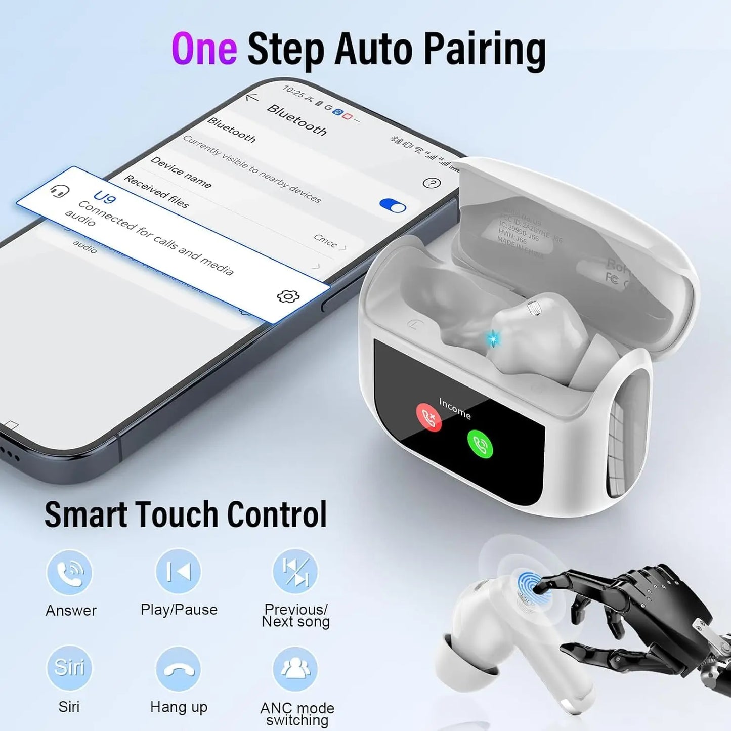 【2026 NEW】Touch Screen Earbuds 45dB ANC ENC Bluetooth 5.4 48H Battery 14.2mm Driver 5 EQ Modes IPX7 Waterproof Transparency Mode Wireless Earphones with Smart Display Case.