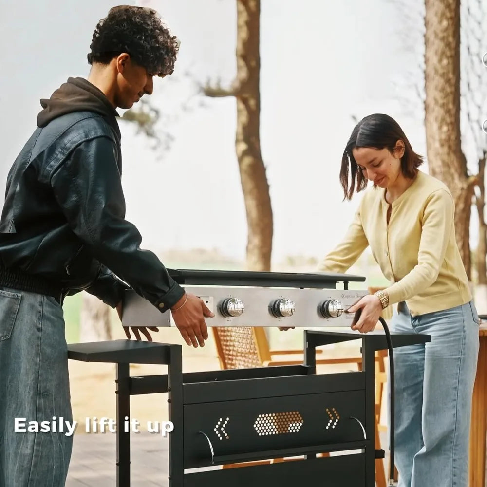 27 inch BBQ Propane Gas Griddle, Freestanding/Tabletop Flat Top Griddle w/Ceramic Coated Cast Iron Pan, 3 Burner Lift-Off Gridd