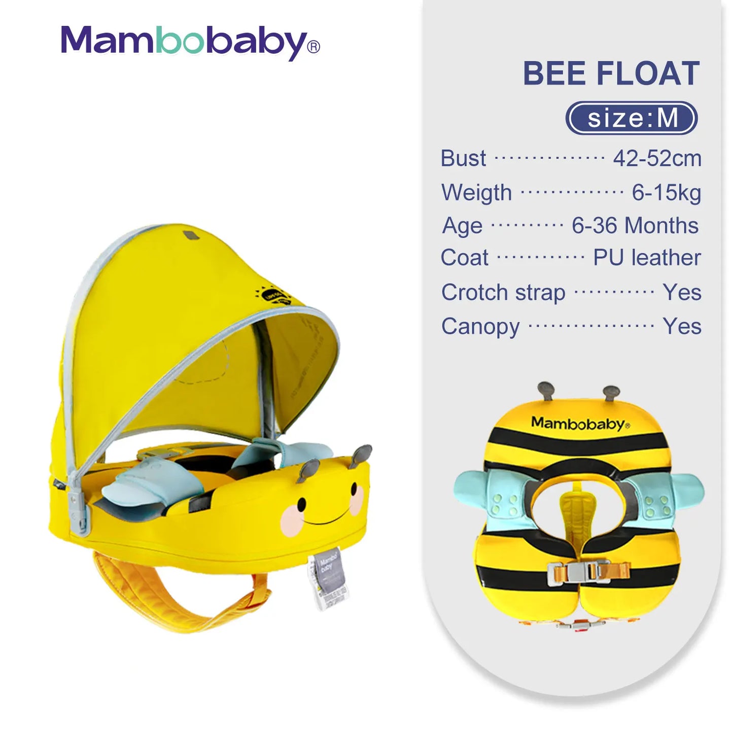 Mambobaby Shoulder Float with Croth Strap Non-Inflatable Baby Swim Ring with Canopy Kid Swimming Pool Float Child Water Circle