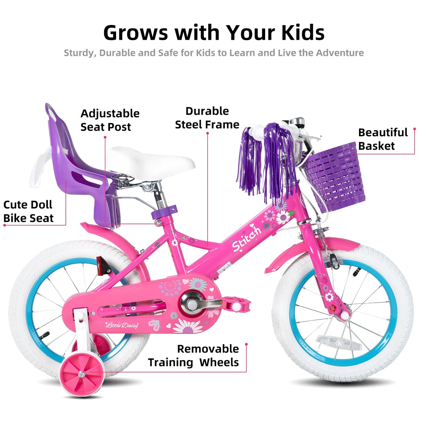 STITCH Kids Bike for Girls Boys Ages 2-7 Years, 12 14 16 Inch Girls Bikes with Doll Bike Seat & Streamers, Bicycle basket