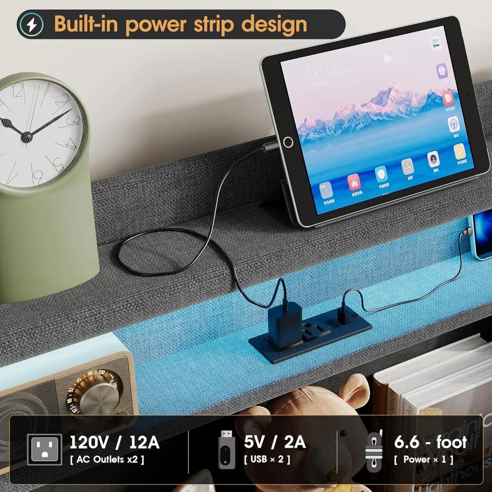 Queen Size Lift Up Storage Bed Frame, Storage Headboard, Charging Station, LED Lights Upholstered Platform Bed, No Box Spring