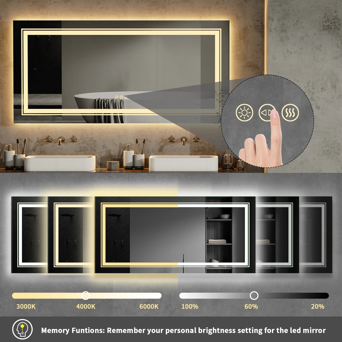 48"X24" LED Bathroom Mirror with Lights, Anti-Fog, Dimmable, Backlit + Front Lit, Lighted Bathroom Vanity Mirror Memory
