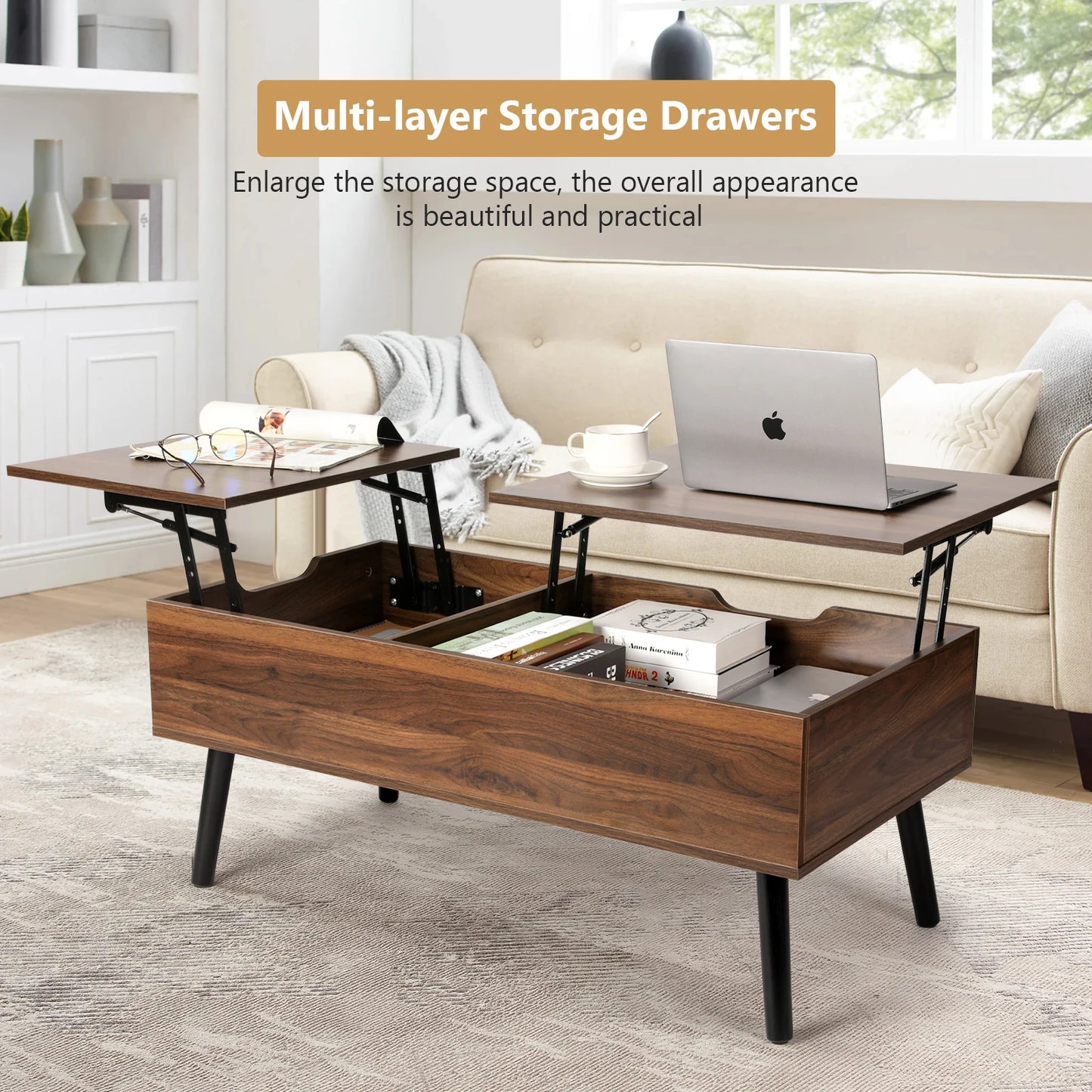 VOWNER Lift Top Coffee Table with Separate and Hidden Storage Compartment, Double Lift Table Top for Home Living Room