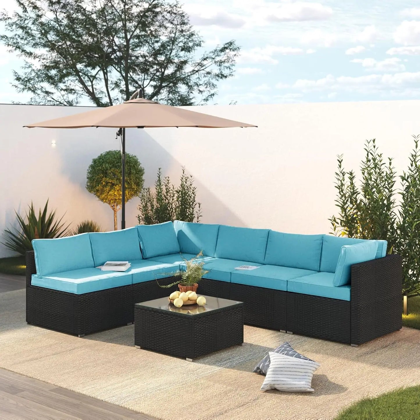 7 Piece Patio Furniture Set, Outdoor Couch Set—All-Weather Outdoor Furniture Sectional w Water Resistant Thick Cushions, Patio