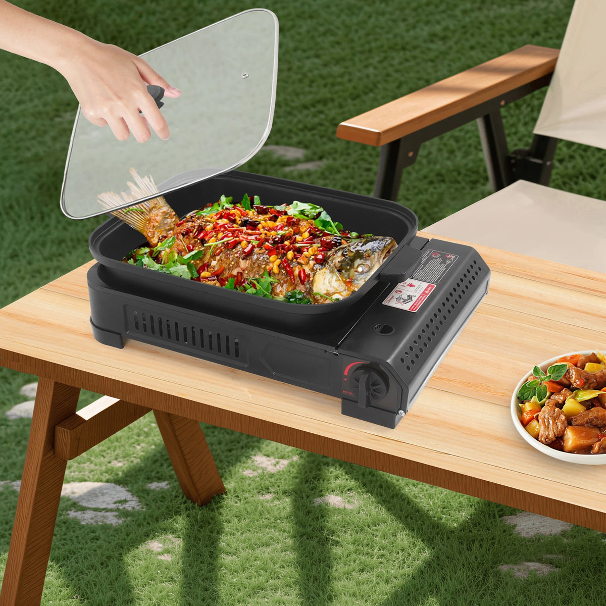 Portable Butane Gas Grill Stove Outdoor Camping Picnic BBQ with Non-Stick Grill Pan Tempered Glass Lid for Kitchen Garden Beach