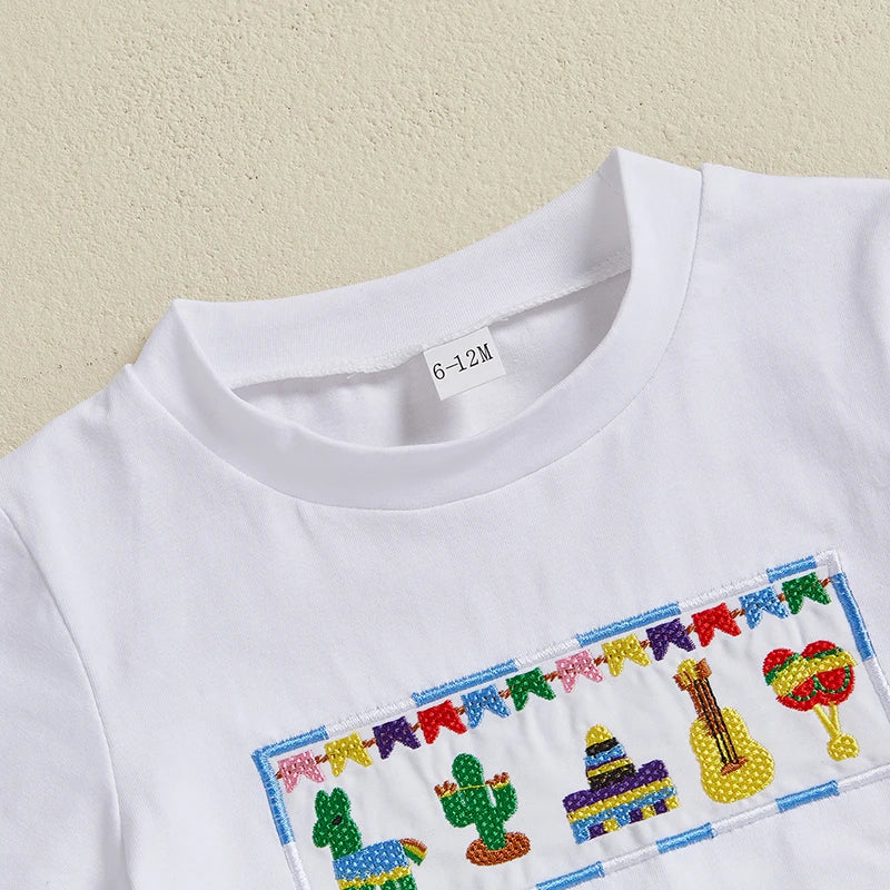Infant Boy Casual Summer Wear Embroidered Crew Neck Tee with Striped Shorts Set for a Stylish Look