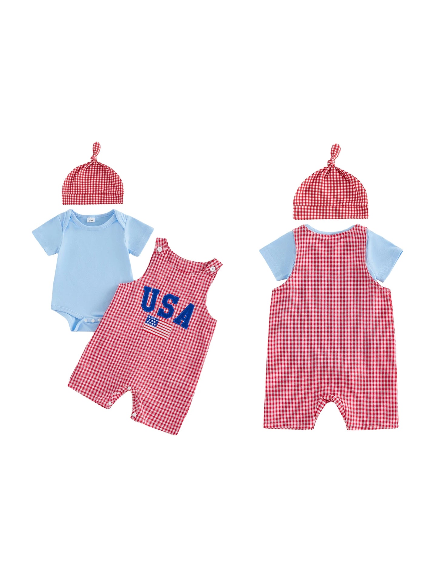 Toddler Boys 4th of July Clothing Set Short Sleeve Romper Plaid Overalls Hat Independence Day Outfit 3 Piece Suit