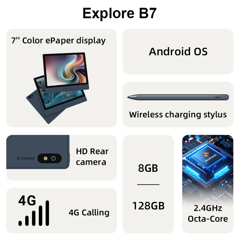 Bigme ebook reader B7, 7-inch e-ink electronic reader, 300PPI, 8+128GB, Android 14, Handwritten ereader tablet with 4G calling
