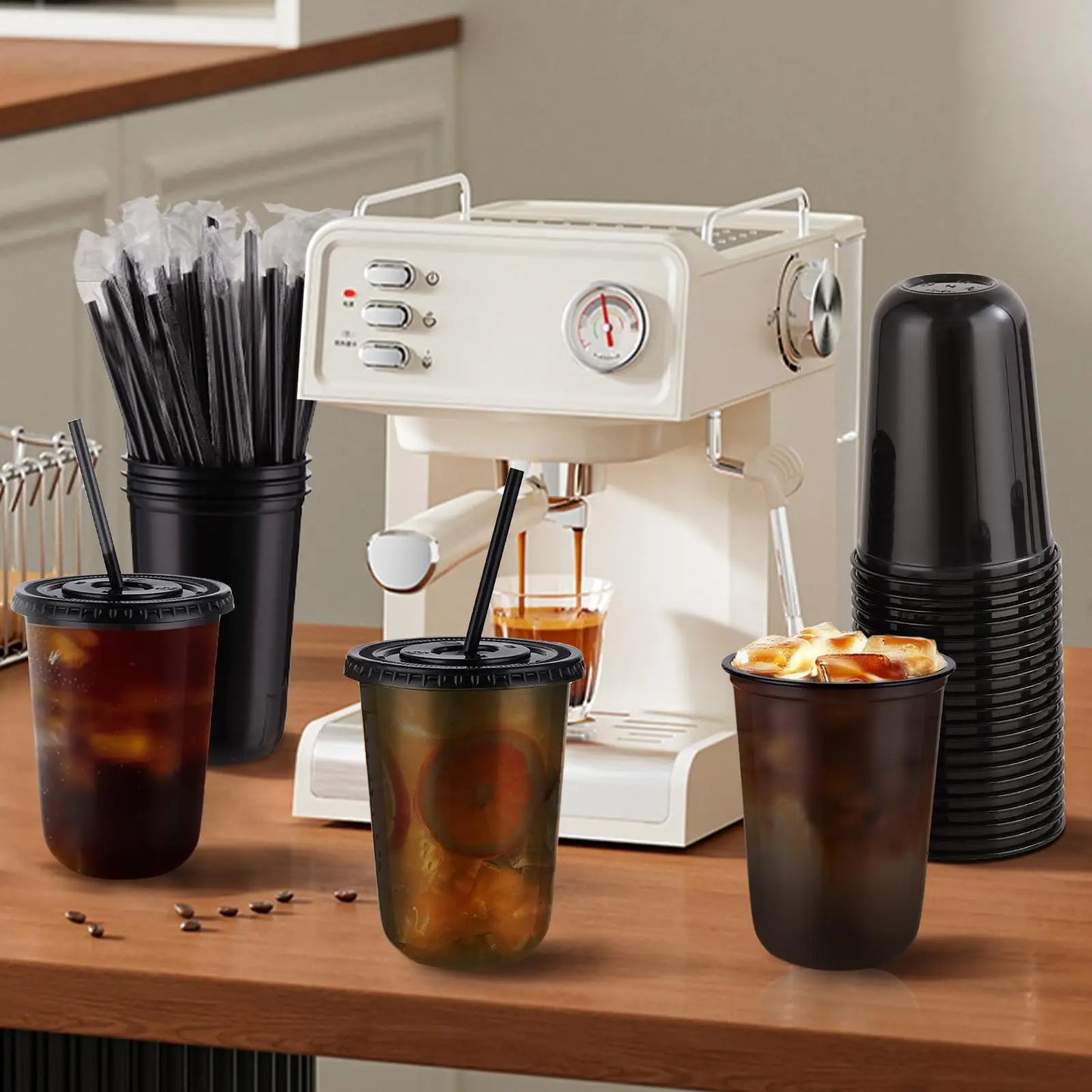 50 Sets of 16oz Black Transparent Cups with Lids and Straws - Disposable Cold Drink Cups for Iced Coffee, Milk Tea, Smoothies, and Party Events