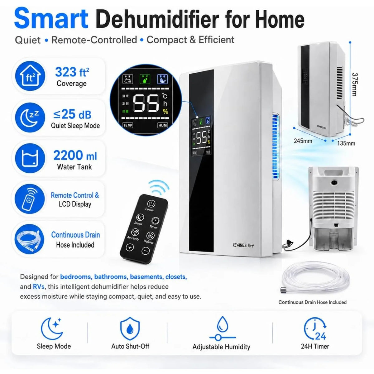 Quiet Intelligent Portable Dehumidifier with Remote Control & Water Hose, 120W Efficient Dehumidifier Suitable for 323 Sq.ft Space, Small Dehumidifier for Bedroom Bathroom Basement Closet RV Home Use