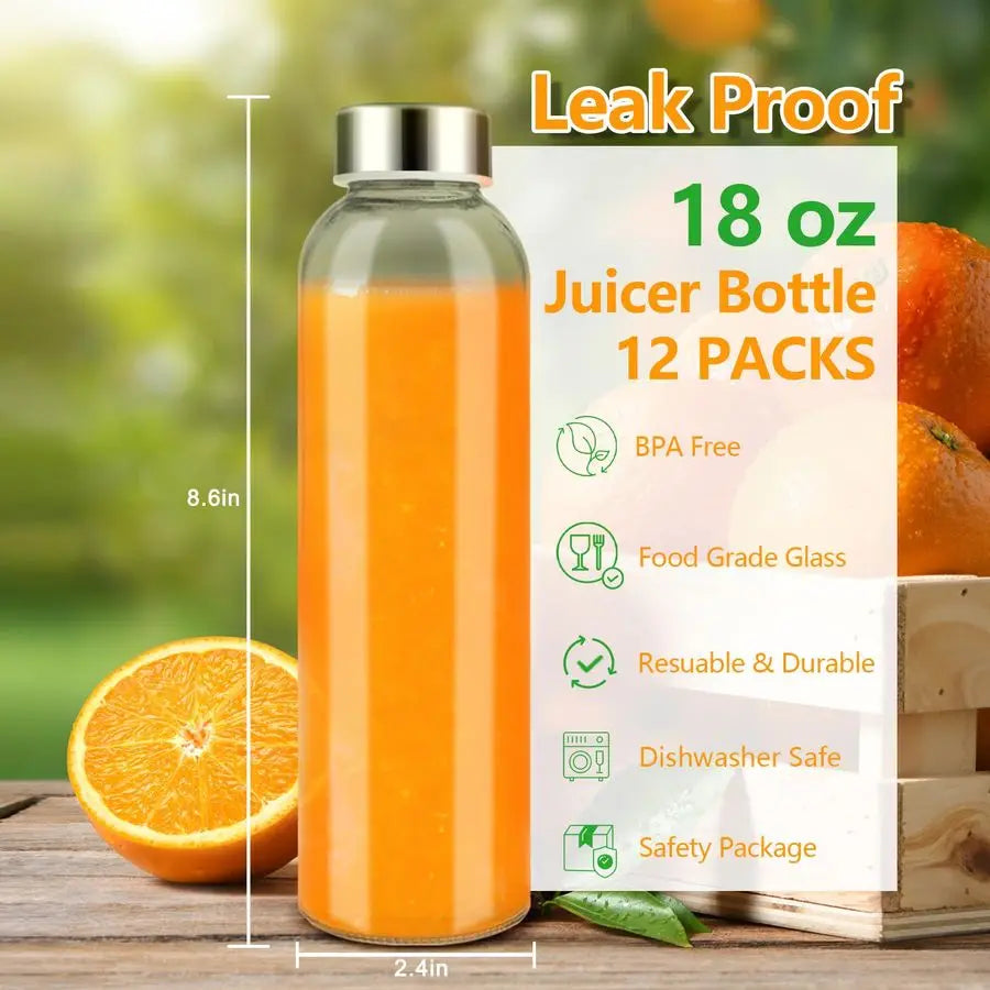 Glass Water Bottles with Lids 18 oz, 12 Pack Reusable Juice Bottles With Stainless Steel Airtight Cap for Juicing, Leak Proof Cl