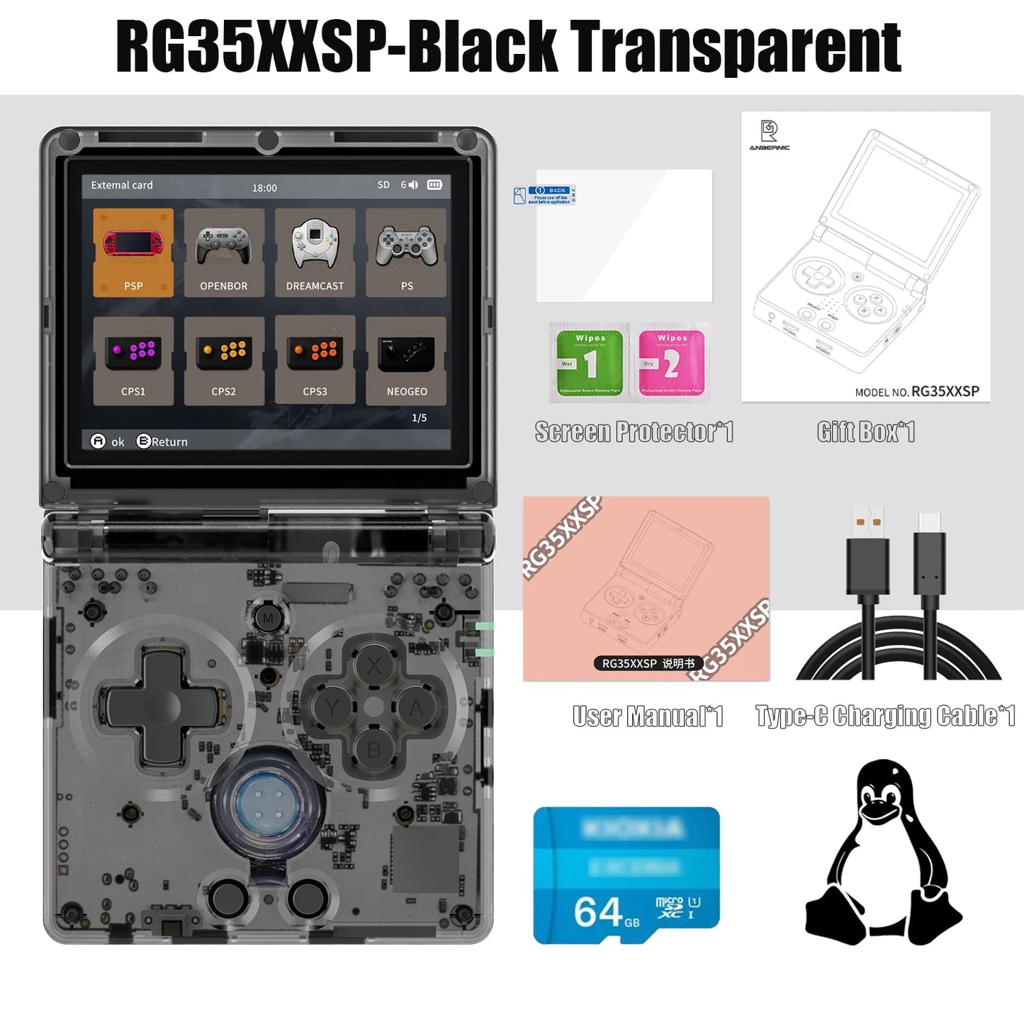 ANBERNIC RG35XXSP Retro Handheld Game Console 3.5-inch IPS Screen 3300mAh Battery Supports HDMI-TV Out and Bluetooth 4.2 5K Game