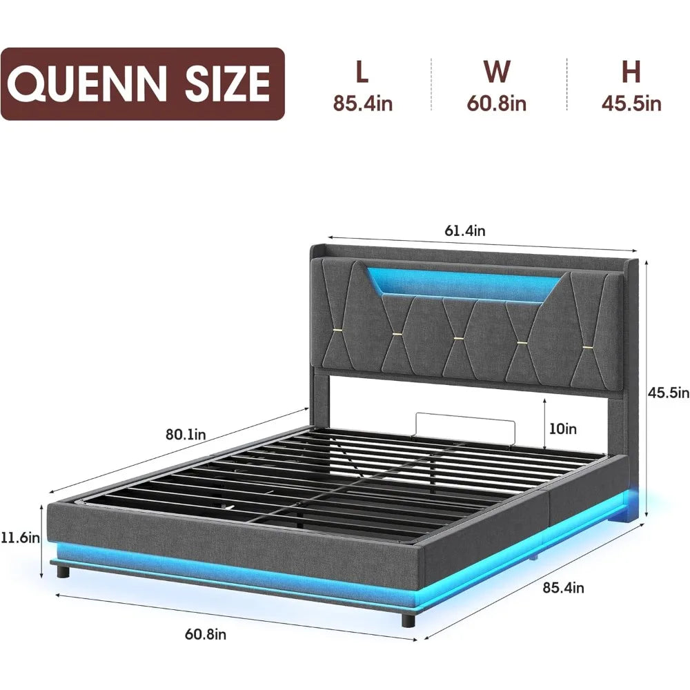 Queen Size Lift Up Storage Bed Frame, Storage Headboard, Charging Station, LED Lights Upholstered Platform Bed, No Box Spring