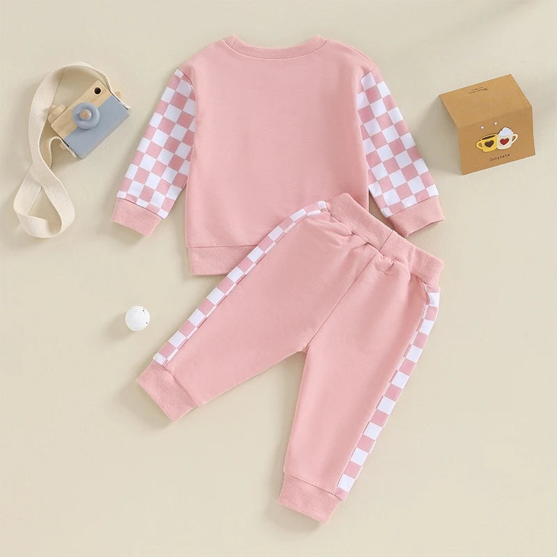 2023-08-17 Lioraitiin Baby Girl Clothes Outfits Long Sleeve Sweatsuit Checkboard Sweatshirt and Pants Toddler Infant Clothing