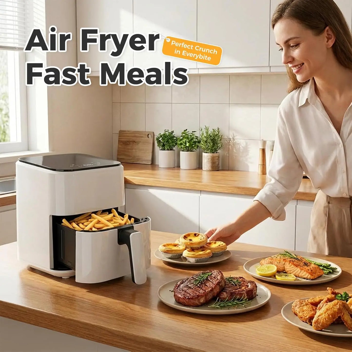 3QT Air Fryer, Small Air Fryer with Digital PP Touch Panel, White