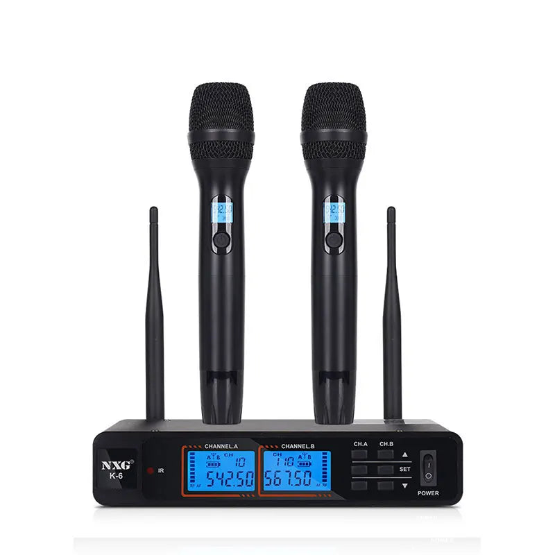 NXG  K-6 UNIVERSAL-1TO2 Dual Wireless Microphone Receiver Kit, Metal Mesh Mic Head, Matte Comfort Grip, Dual Signal Antennas, Crystal Clear Hi-Fi Audio, Zero Delay Sound, Multi-Scene Wireless Mic System for Family Singing, Li