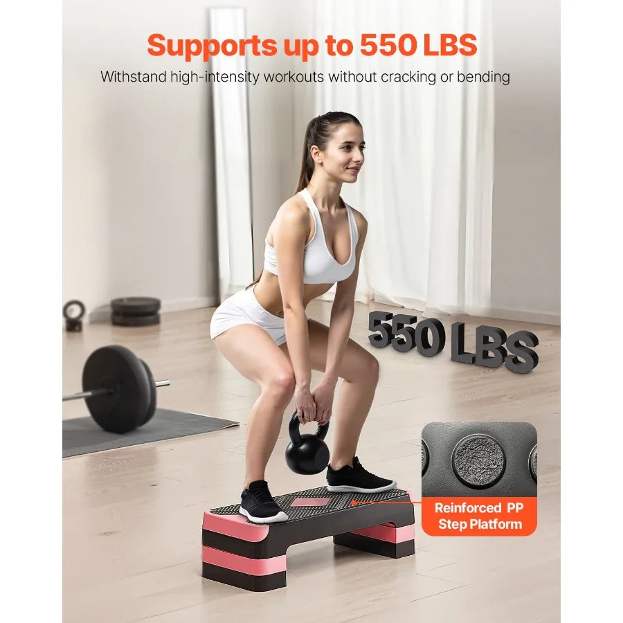 Aerobic Exercise Step Platform 28Inch Workout Stepper with Adjustable Height Fitness Training Deck with 4 Risers NonSlip Surfac