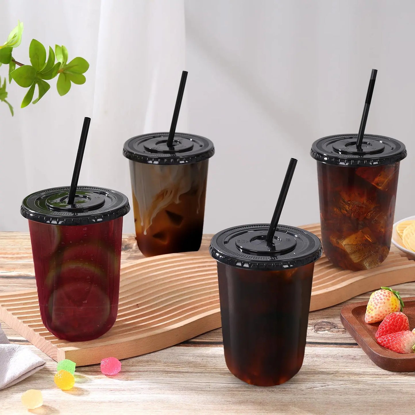 50 Sets of 16oz Black Transparent Cups with Lids and Straws - Disposable Cold Drink Cups for Iced Coffee, Milk Tea, Smoothies, and Party Events