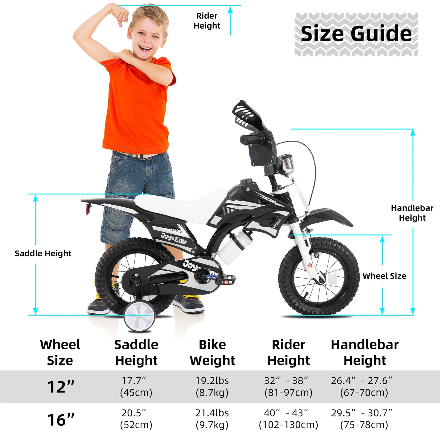 Joystar Motocross Style Kids Bike for Boys Girls Ages 3-7 Years, 12 & 16 Inch Bikes with Training Wheels and Number Plate
