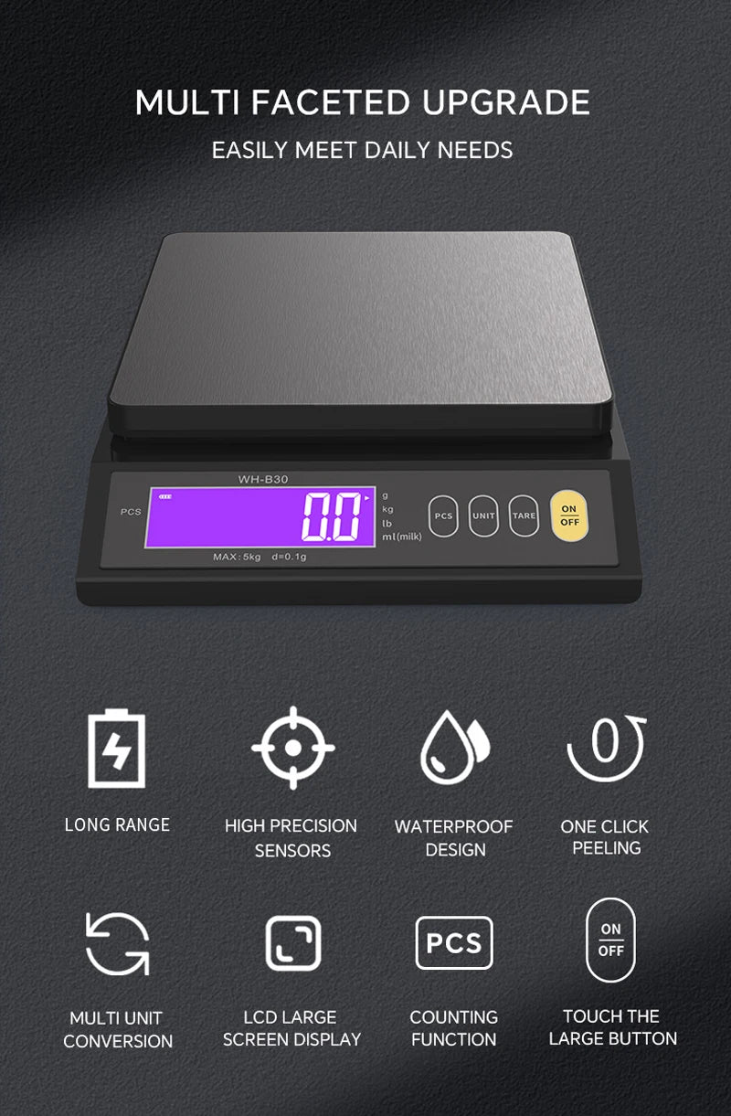 5kg/10kg/0.1g 10kg/1g Digital Electronic Kitchen Scale LCD  Waterproof Stainless Measuring Weighing Baking Tool Built in Battery