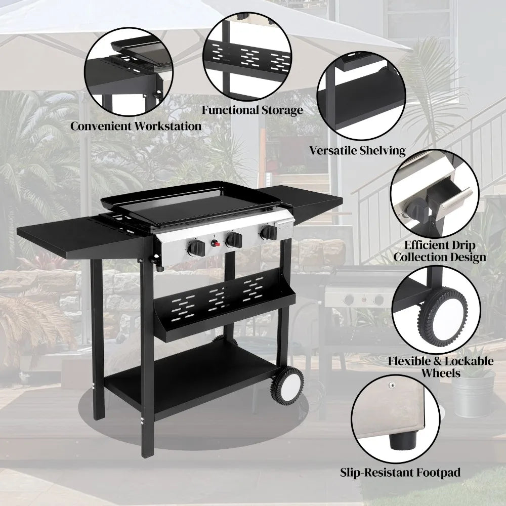3-Burner Outdoor Flat Top Gas Griddle Cooking Station Grill Propane BBQ Grill